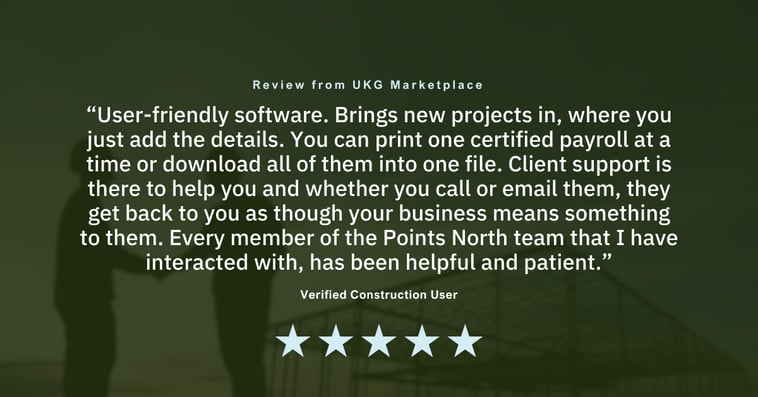 Testimonial from a verified construction user on the UKG marketplace