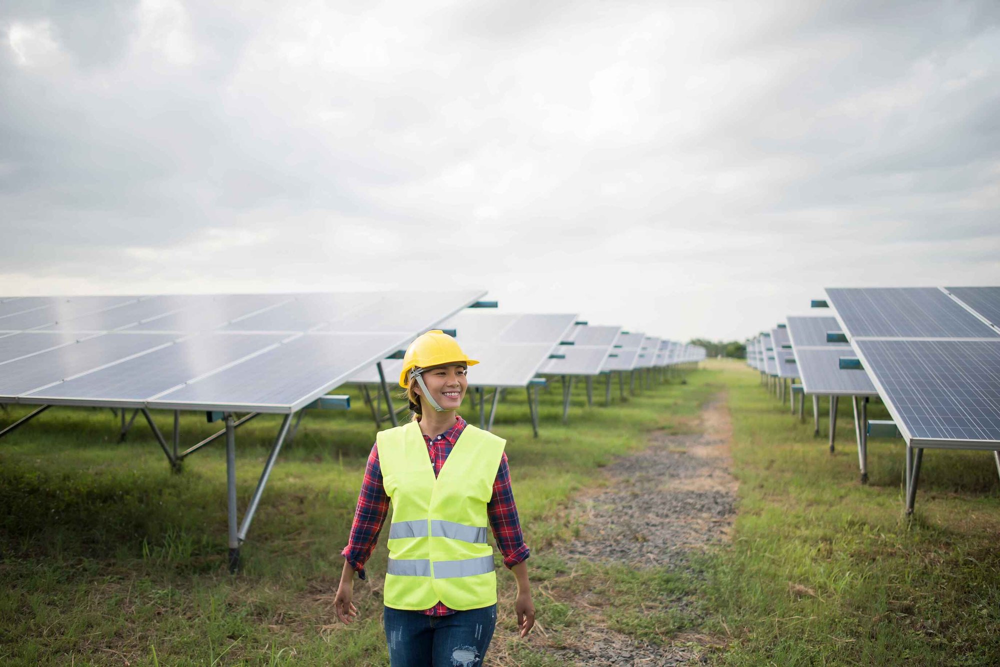 Government Contractor Walking Through Solar Panels