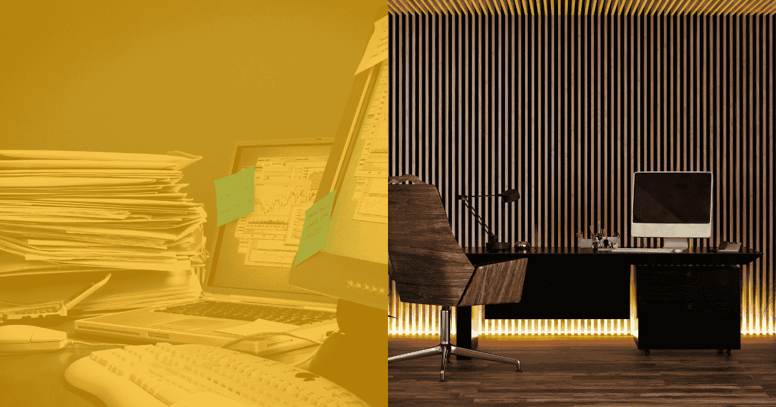 two office settings one cluttered and overwhelmed and one organized and calm