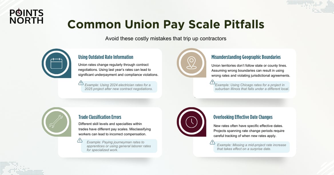Infographic with icons and text stating four common union pay scale pitfalls