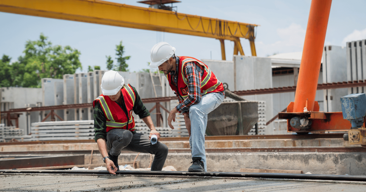 Construction workers with vest and hard hats check quality Construction workers with vest and hard hats check quality