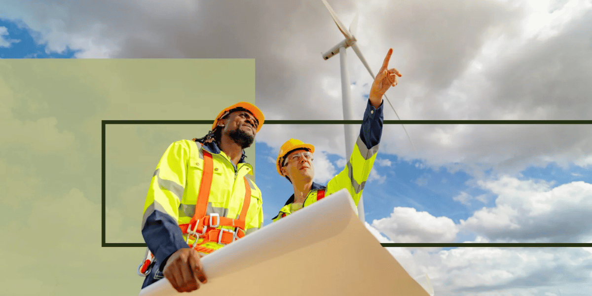 decorative image of engineers working on windmills in California decorative image of engineers working on windmills in California