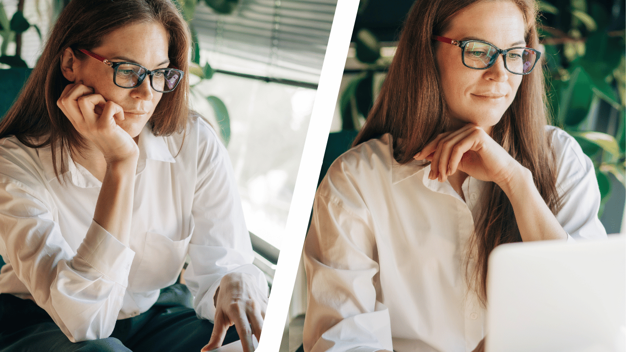 on the left side of image woman looks intently at her screen focused and problem solving, on the right side of the image she is smiling at the screen