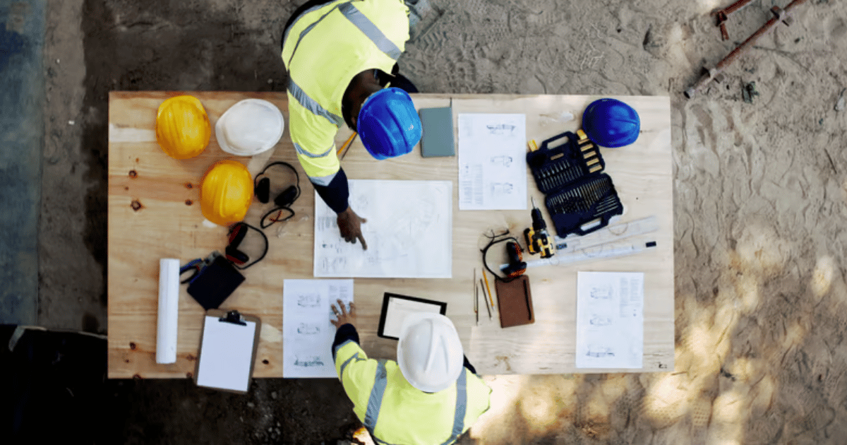 Construction workers reviewing project plans.